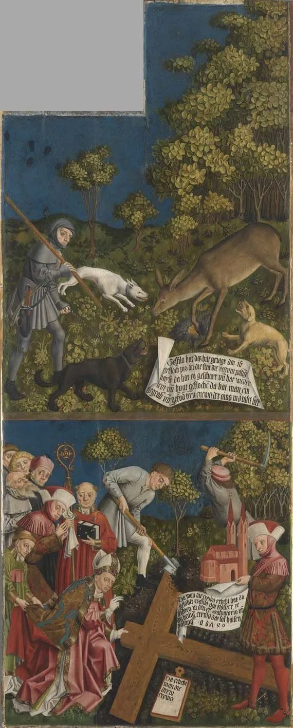 Altar of the Cross: The hinds finds the cross, Excavation of the cross (interior), by Master of the Polling Panels, unspecified, 1450