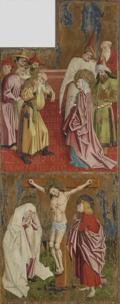 Kreuzaltar, Flügelaußenseite: Die Kaiserin Helena befragt die Juden und Kreuzigung Christi, by Master of the Polling Panels