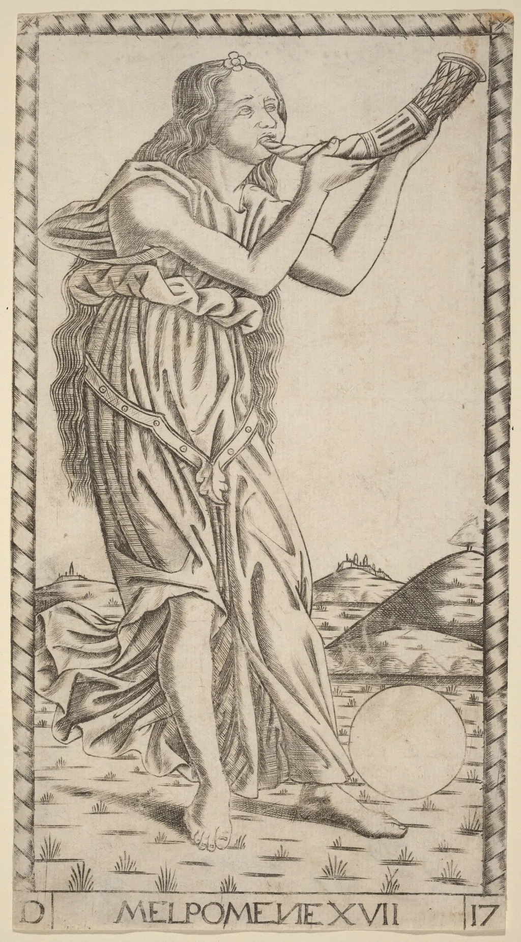 Melpomene, by Master of the S-Series Tarocchi, ink, 1470