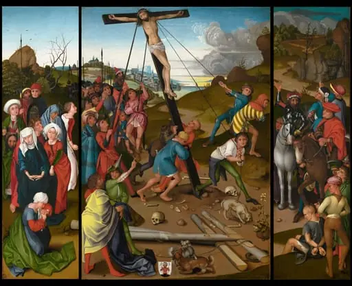 The Raising of the Cross [center, left, and right panels], by Master of the Starck Triptych