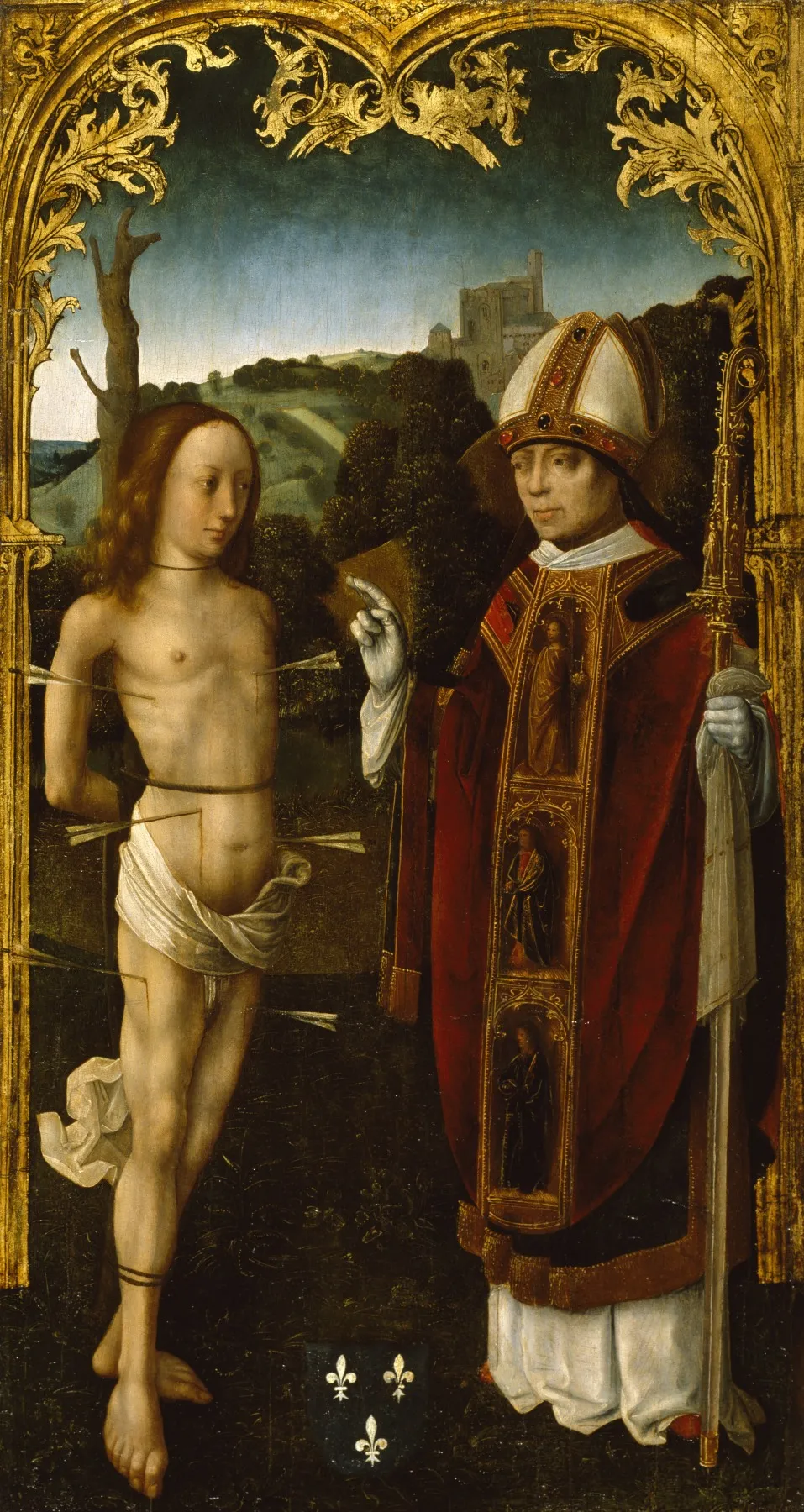 Saint Sebastian and a Bishop Saint, by Master of the Virgo inter Virgines, oil, 1500