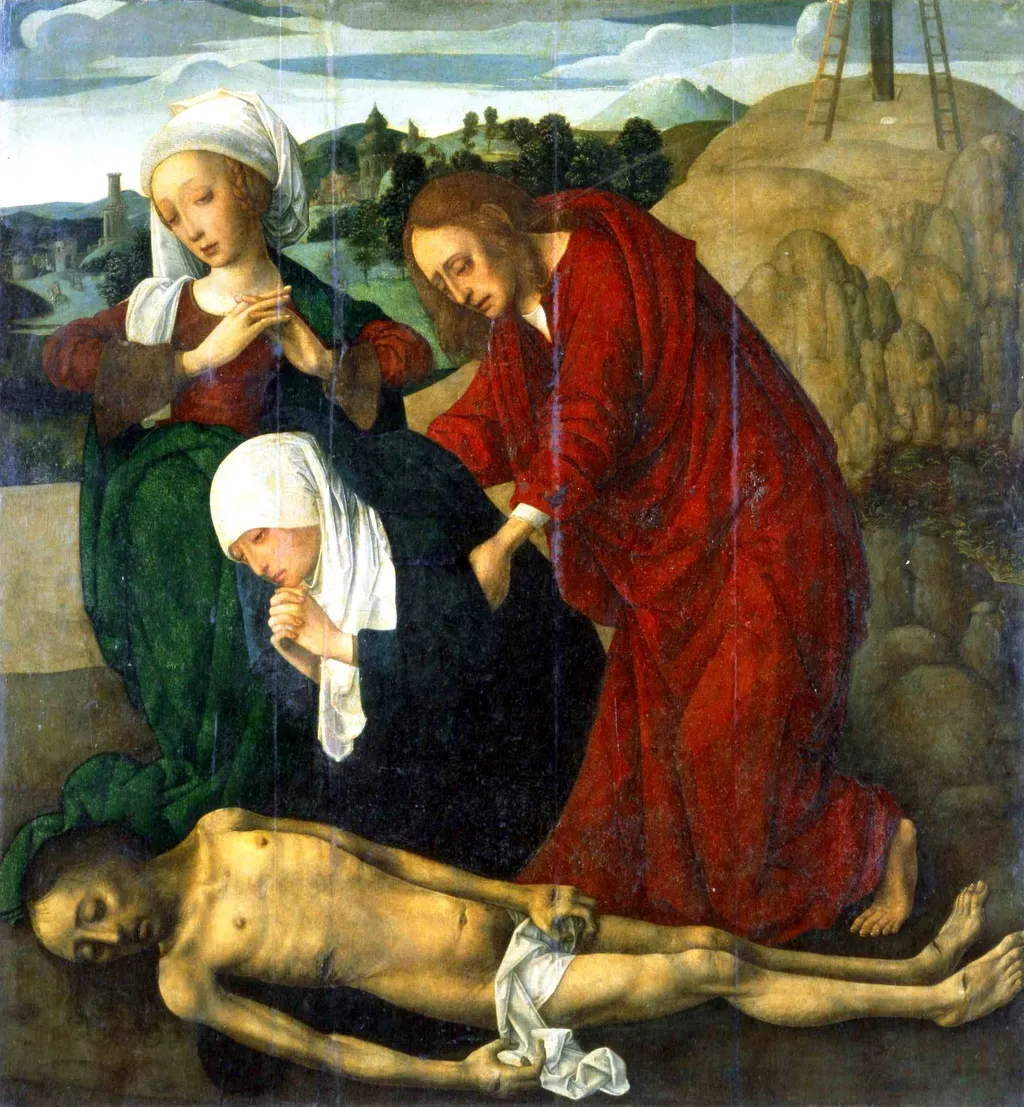 The Lamentation over the Dead Christ, by Master of the Virgo inter Virgines, oil, 1492