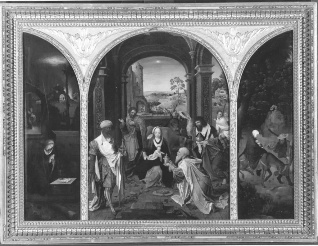 Triptych of the Adoration of the Magi with Nativity and Flight into Egypt on outer wings, by Master of the Von Groote Adoration, oil, 1512