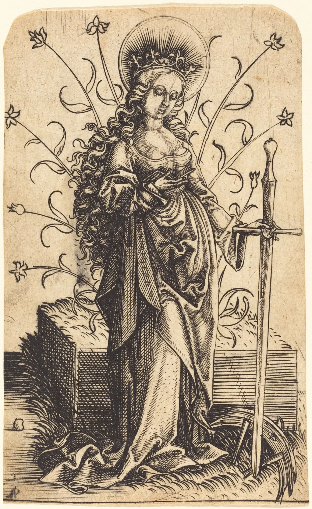 Saint Catherine, by Master PW of Cologne, ink, 1500