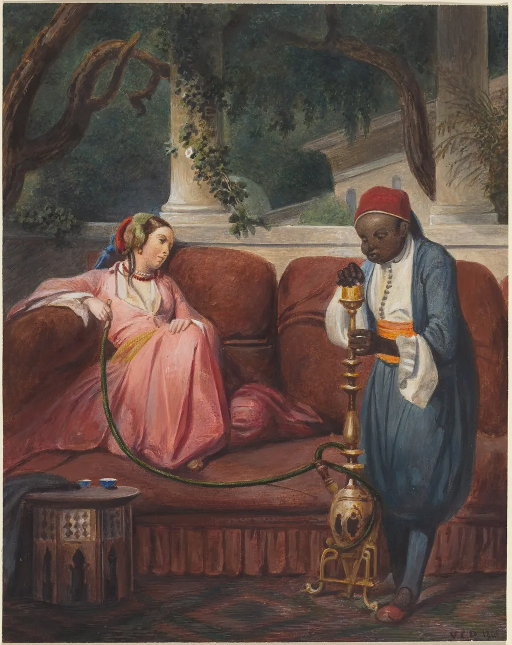 Oriental Woman with a Waterpipe, by Master VCD, gouache, 1845