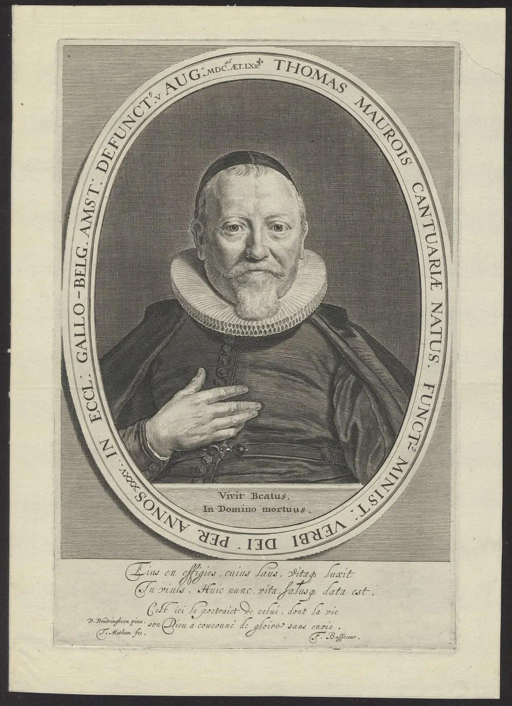 Portrait of Thomas Maurois, Walloon minister in Amsterdam, by Matham Theodoor, unspecified, 1650
