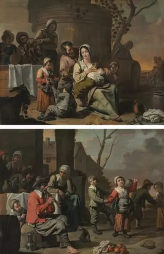 Vintage Scene and Peasant Children Dancing (painting pair), by Mathieu Le Nain