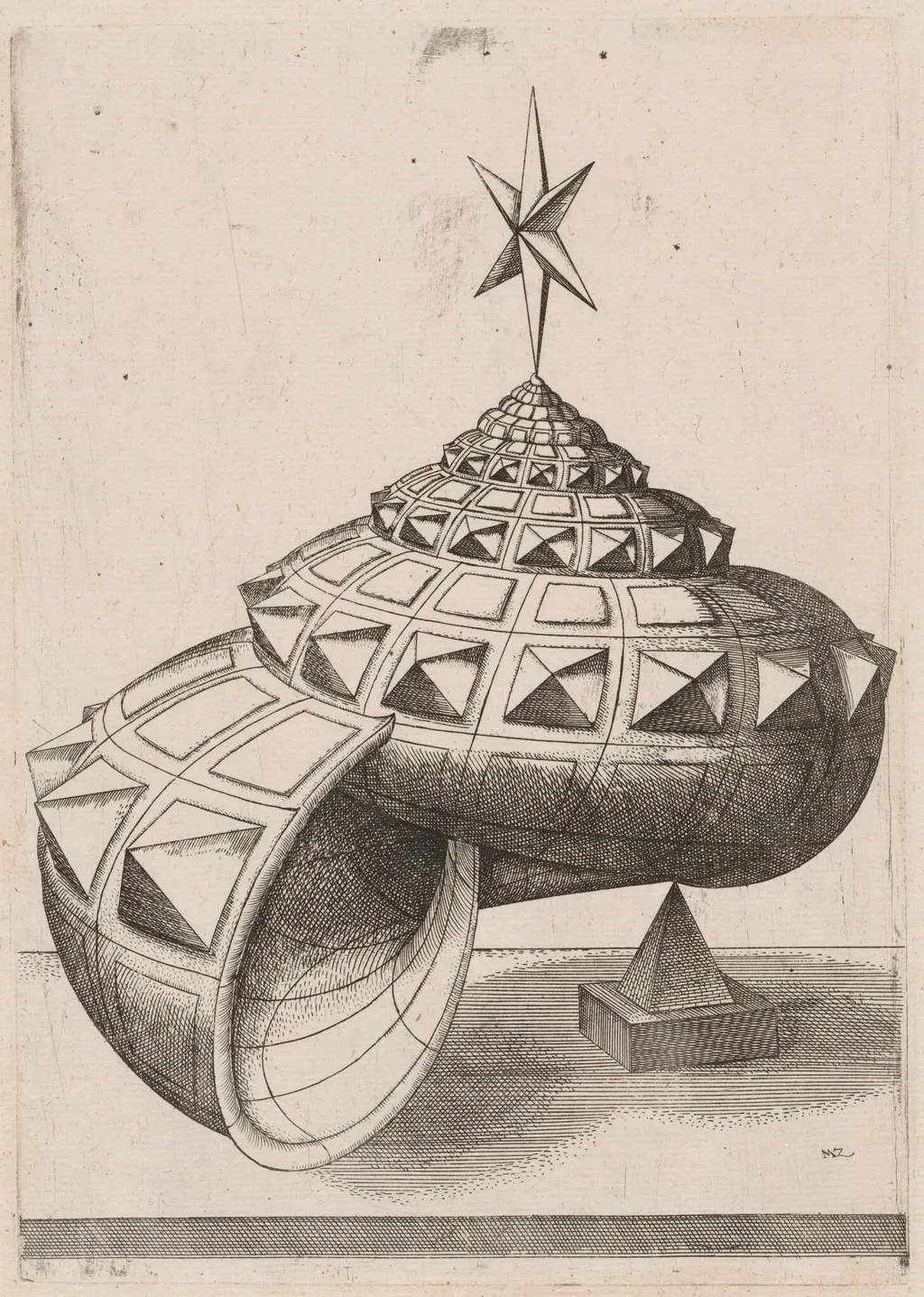 A Perspective of a Faceted Snail Shell Balanced on a Pyramid, by Mathis Zündt, ink, 1567