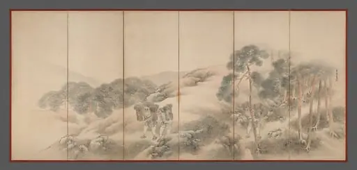 松村呉春筆    山樵漁夫図屏風|Woodcutters and Fishermen, by Matsumura Goshun, 1792