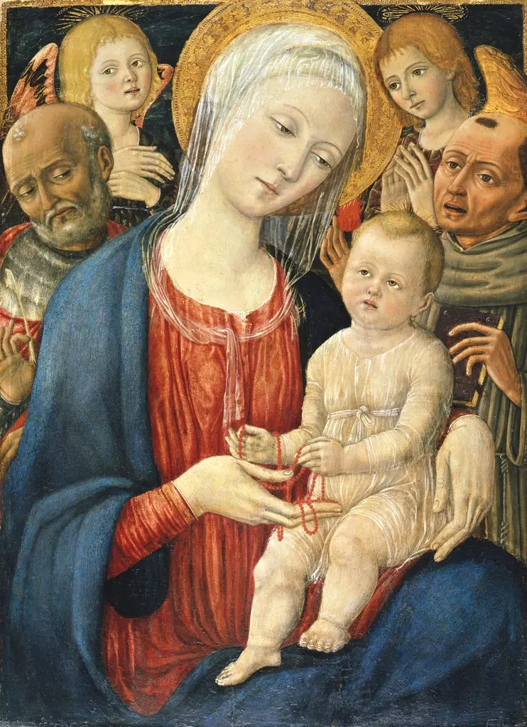 Mary with the child, Saint Jerome, Anthony of Padua and two angels, by Matteo di Giovanni