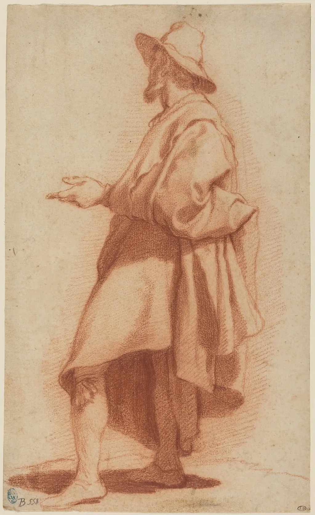 Standing Man Wearing a Cloak and Hat, by Matteo Rosselli, chalk, 1602