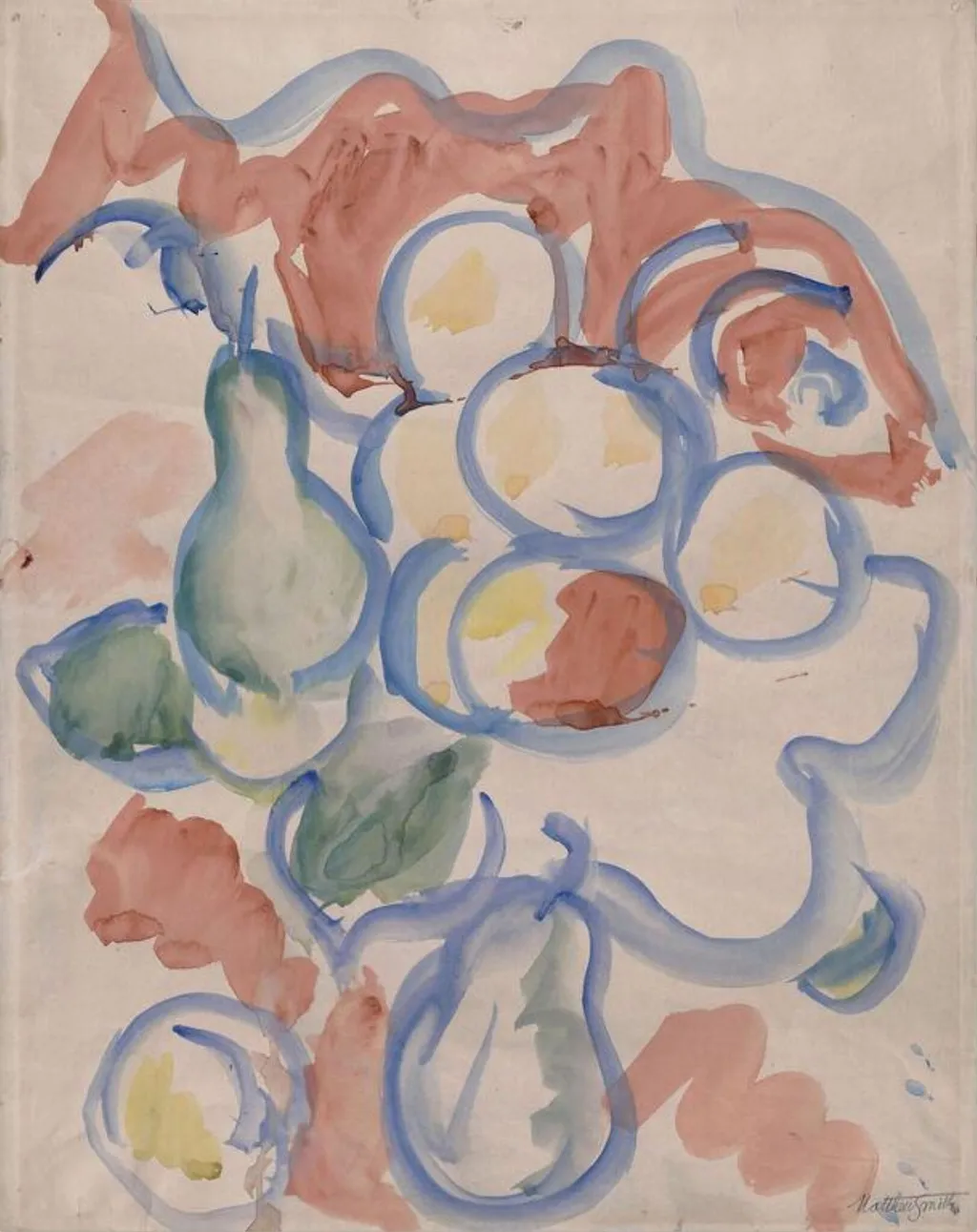 Apples & pears, by Matthew Arnold Bracy Sir Smith, watercolor, 1950