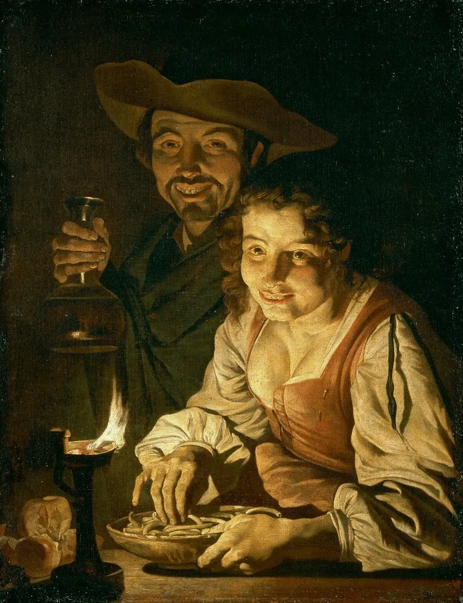 Junges Paar bei nächtlichem Imbiss, by Matthias Stom, oil, 1640
