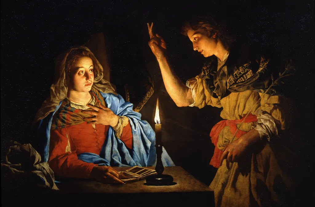 The Annunciation, by Matthias Stom, oil, 1700