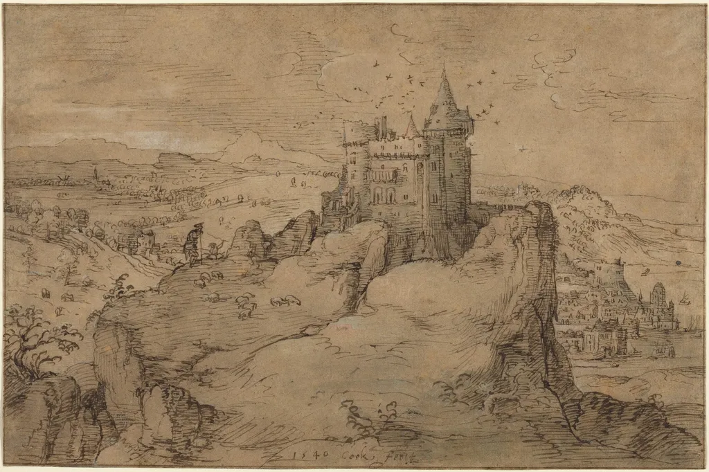 Landscape with Castle above a Harbor, by Matthys Cock, ink, 1540