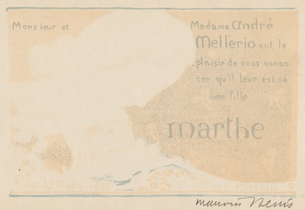 Birth Announcement for Marthe Mellerio, by Maurice Denis, ink, 1896