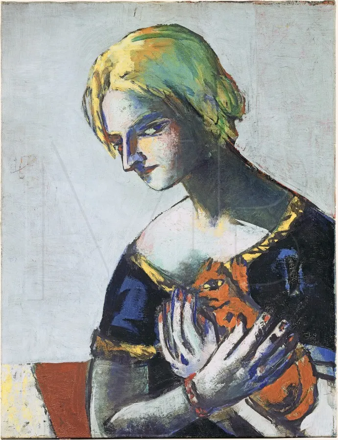 Girl with Yellow Cat (on Gray), by Max Beckmann, oil, 1937