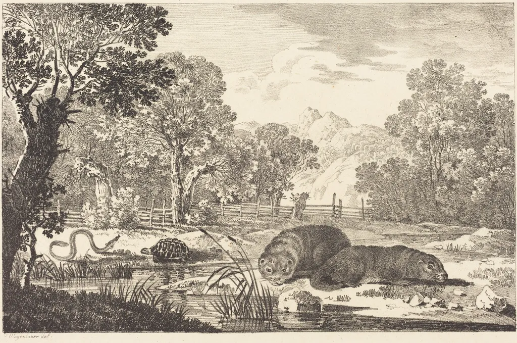 River Landscape with Two Beavers, by Max Joseph Wagenbauer, ink, 1807