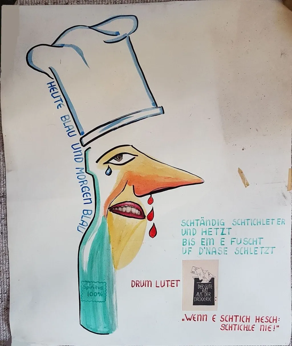 Fasnachtshelge "Heute blau und morgen blau", by Max Rickenbacher-Hufschmid, 1957