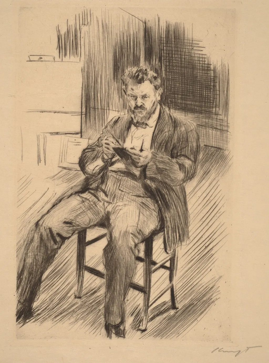 Self-Portrait (sketching in his studio), by Max Slevogt, ink, 1911