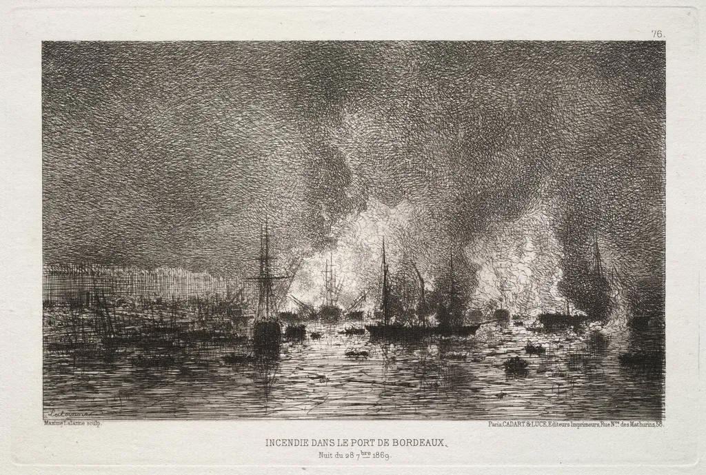 Conflagration in the Port of Bordeaux, by Maxime Lalanne, 1869