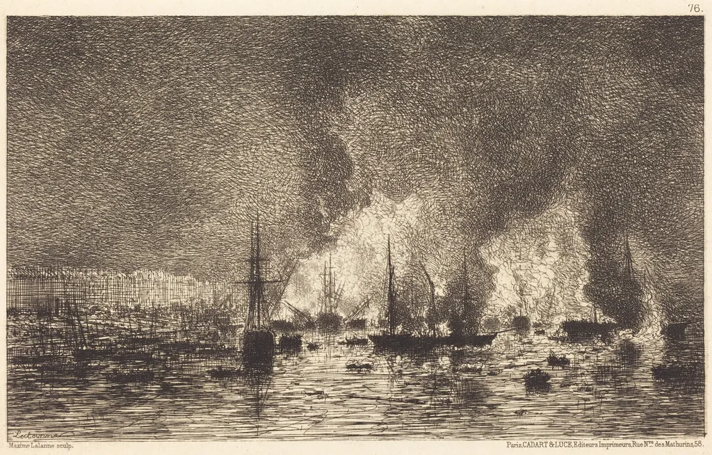 Incendie dans le port de Bordeaux, by Maxime Lalanne, ink, 1869