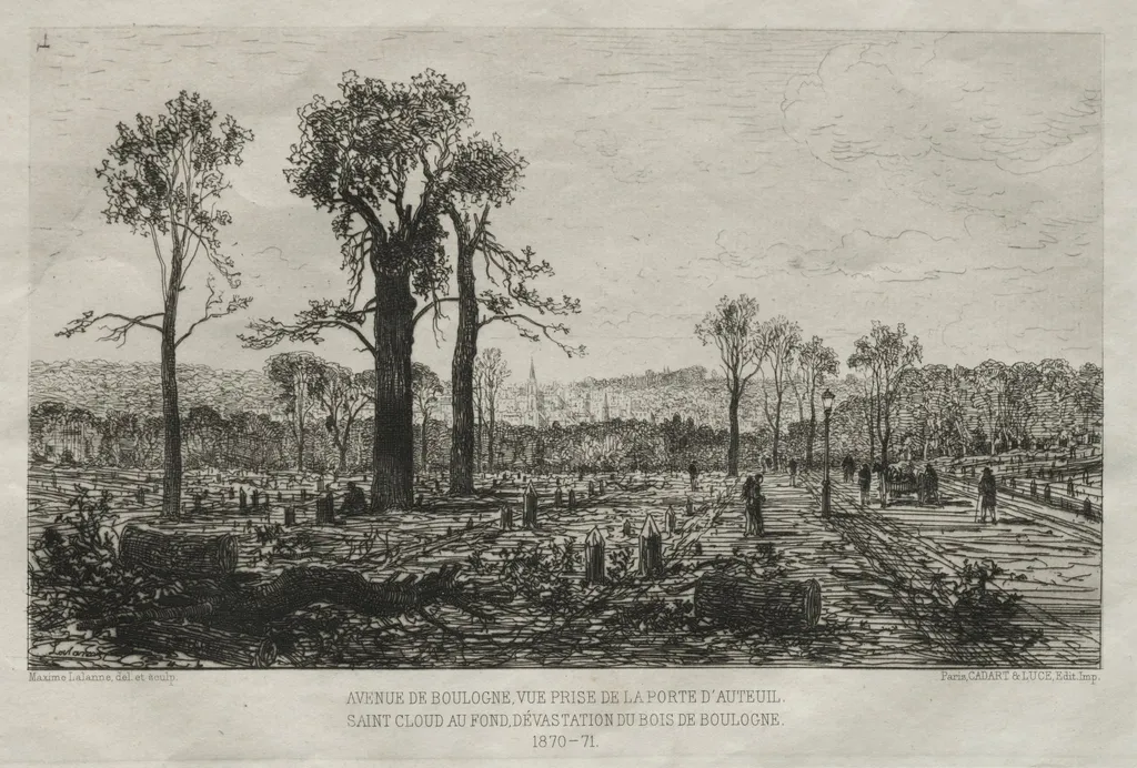 Souvenirs artistiques du Siége du Paris: Avenue de Boulogne, Vue Prise de la porte d'Auteuil, St. Cloud au fond, Dévastation du Bois de Boulogne, by Maxime Lalanne, 1880