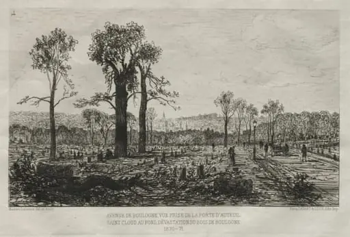 Souvenirs artistiques du Siége du Paris: Avenue de Boulogne, Vue Prise de la porte d'Auteuil, St. Cloud au fond, Dévastation du Bois de Boulogne, by Maxime Lalanne