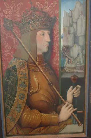 Maximilian I. (1459-1519), Bildnis in halber Figur mit der Martinswand