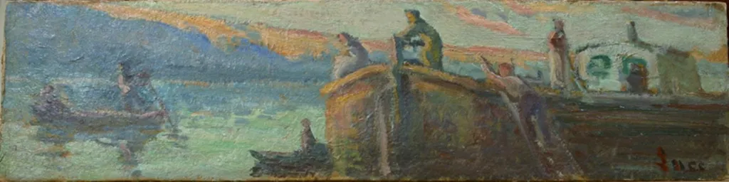 Flodlandskab med pram og både, by Maximilien Luce, unspecified, 1907