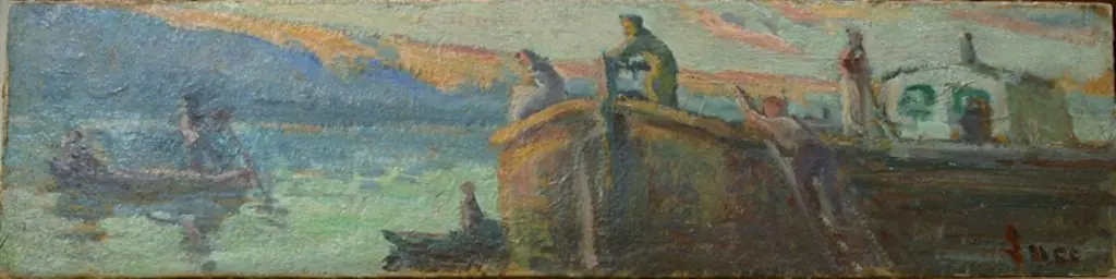 Flodlandskab med pram og både, by Maximilien Luce
