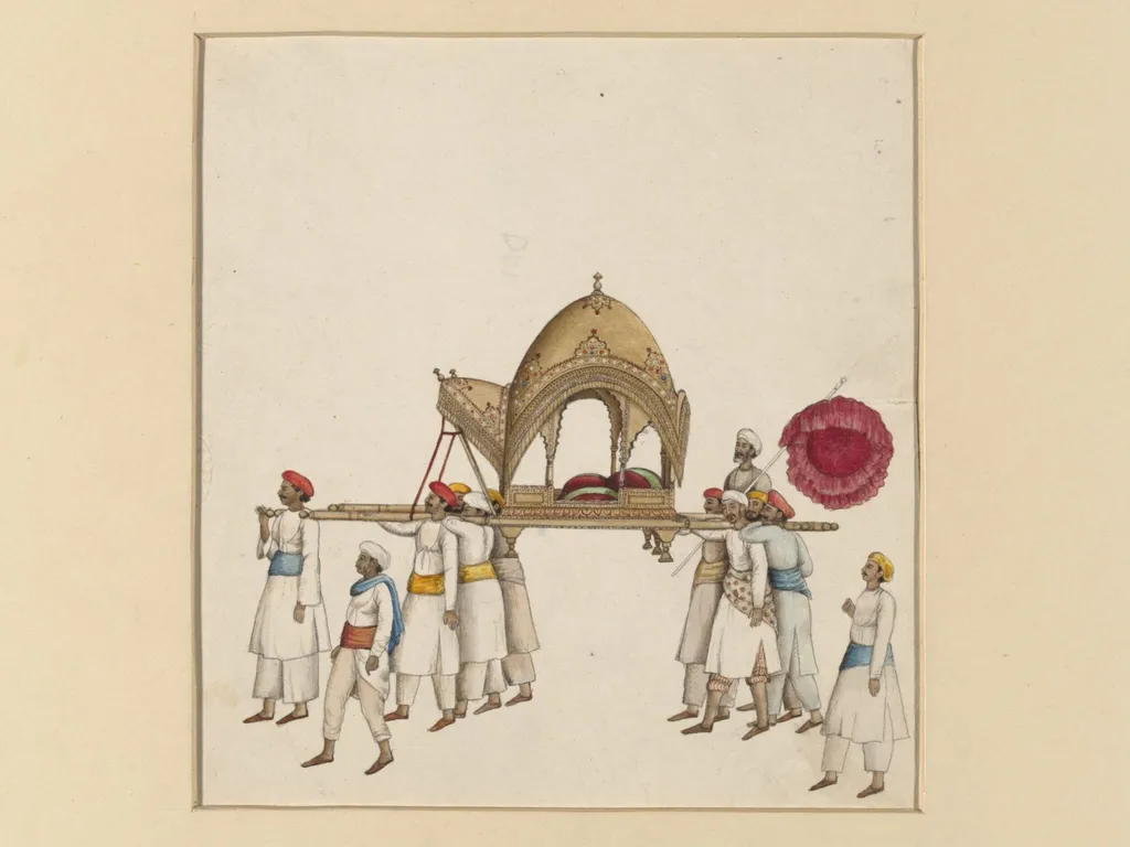 One of six figures from the Mughal emperor's ceremonial procession on the occasion of the Id, by Mazhar Ali Khan, paint, 1840