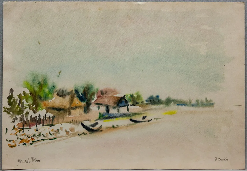D 5 - Peisaj pe Dunăre (Mal de Dunăre cu case și bărci), by Medi Wechsler Dinu, 1958
