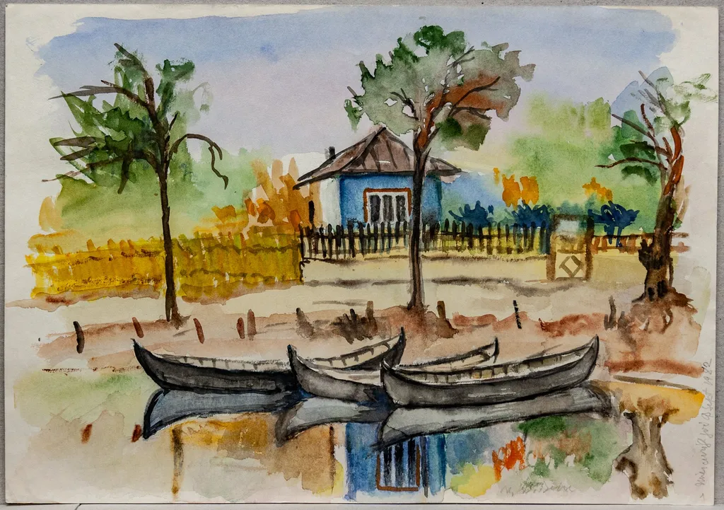 S 16 - Peisaj la Sulina (Mal cu bărci și case), by Medi Wechsler Dinu, 1958