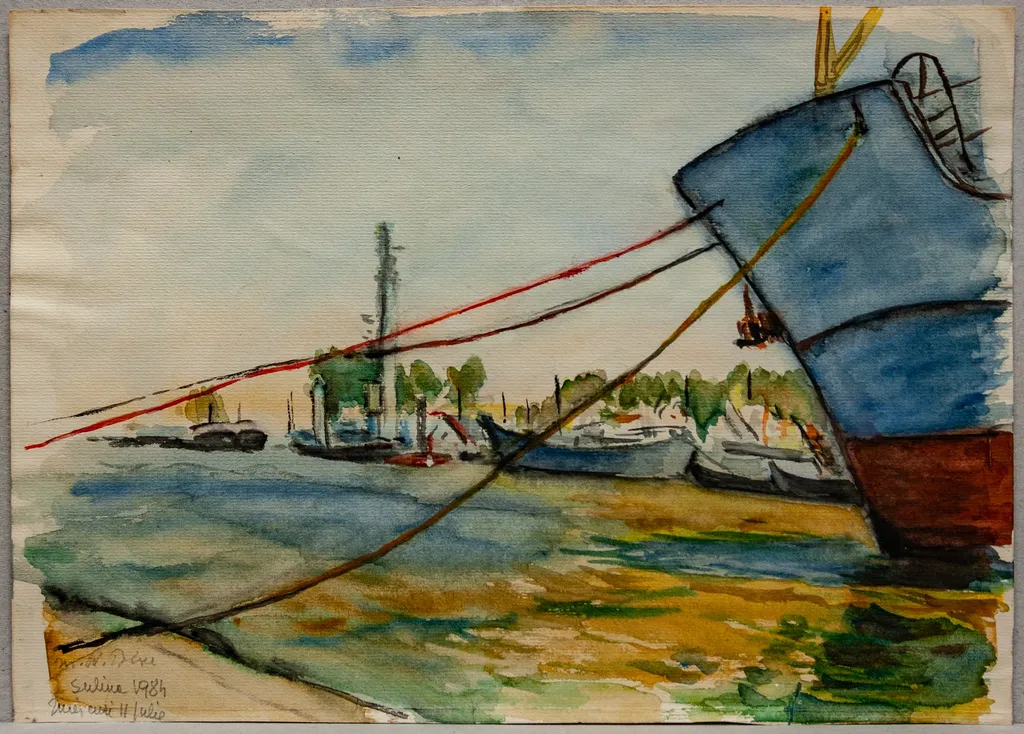S 34 - Peisaj la Sulina (Dunăre și fund de vapor legat la cheu), by Medi Wechsler Dinu, unspecified, 1958