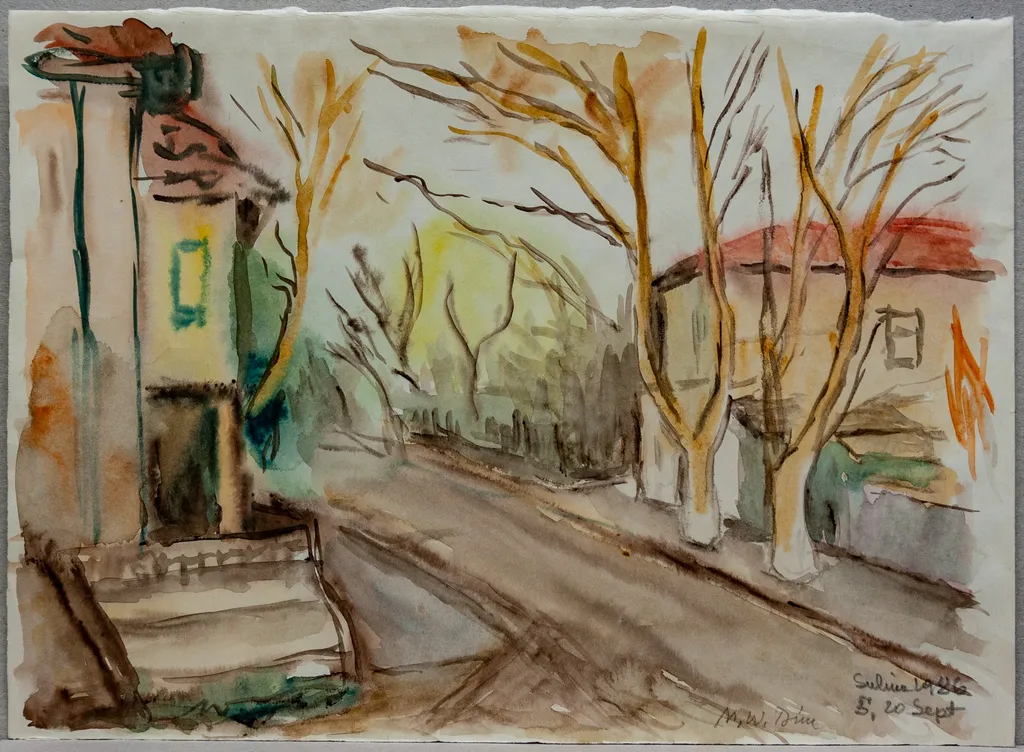 S 39 - Peisaj la Sulina (Stradă cu case și pomi), by Medi Wechsler Dinu, 1958