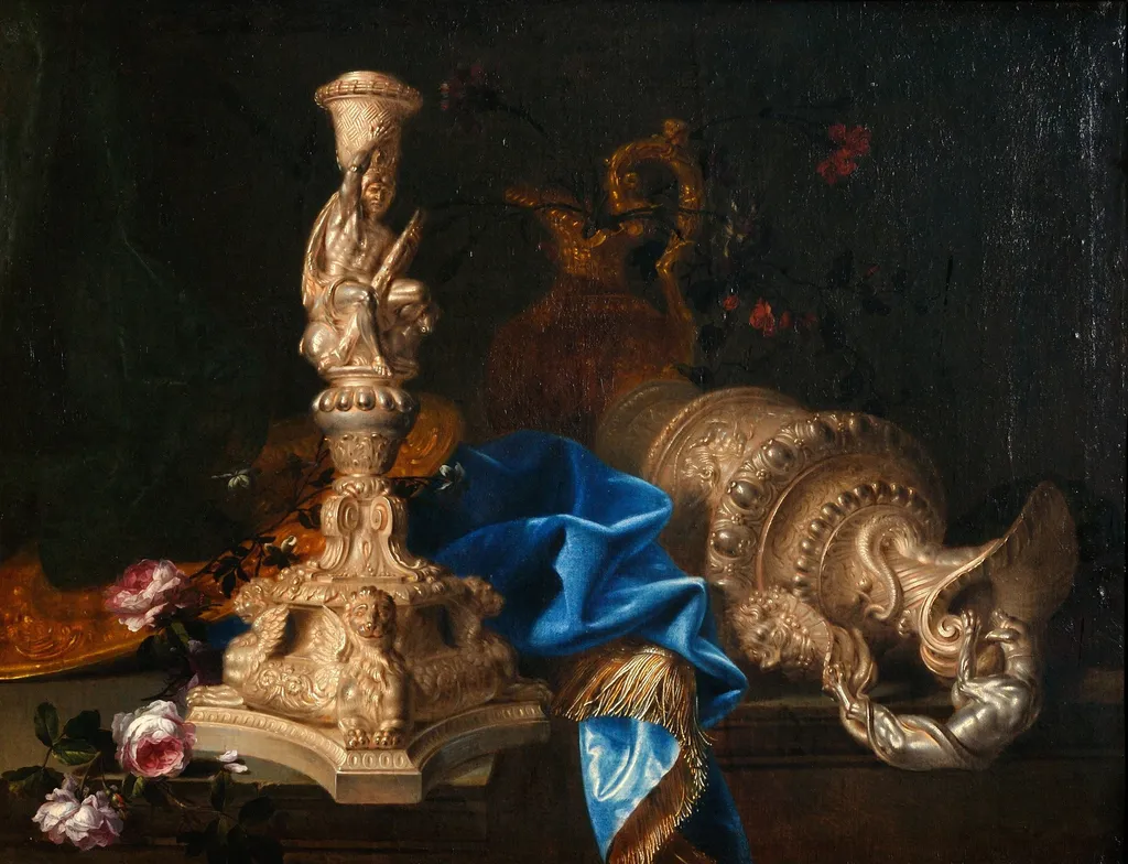 Still life with candlestick of the "Labours of Hercules" series and two ewers, by Meiffren Conte, oil, 1600