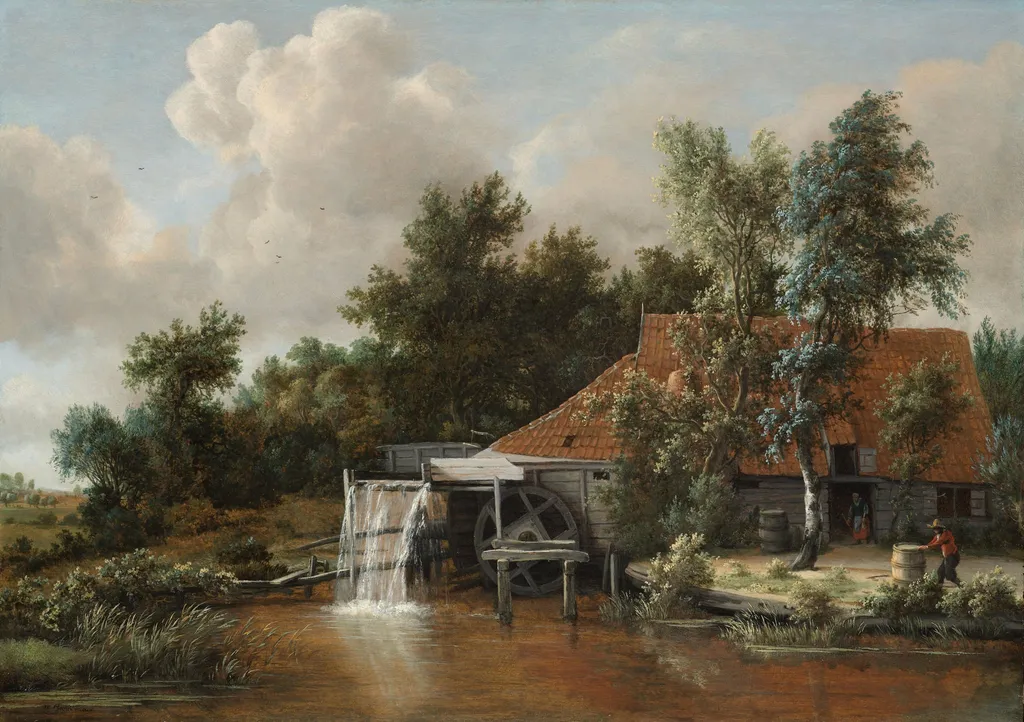 A Watermill, by Meindert Hobbema, unspecified, 1664
