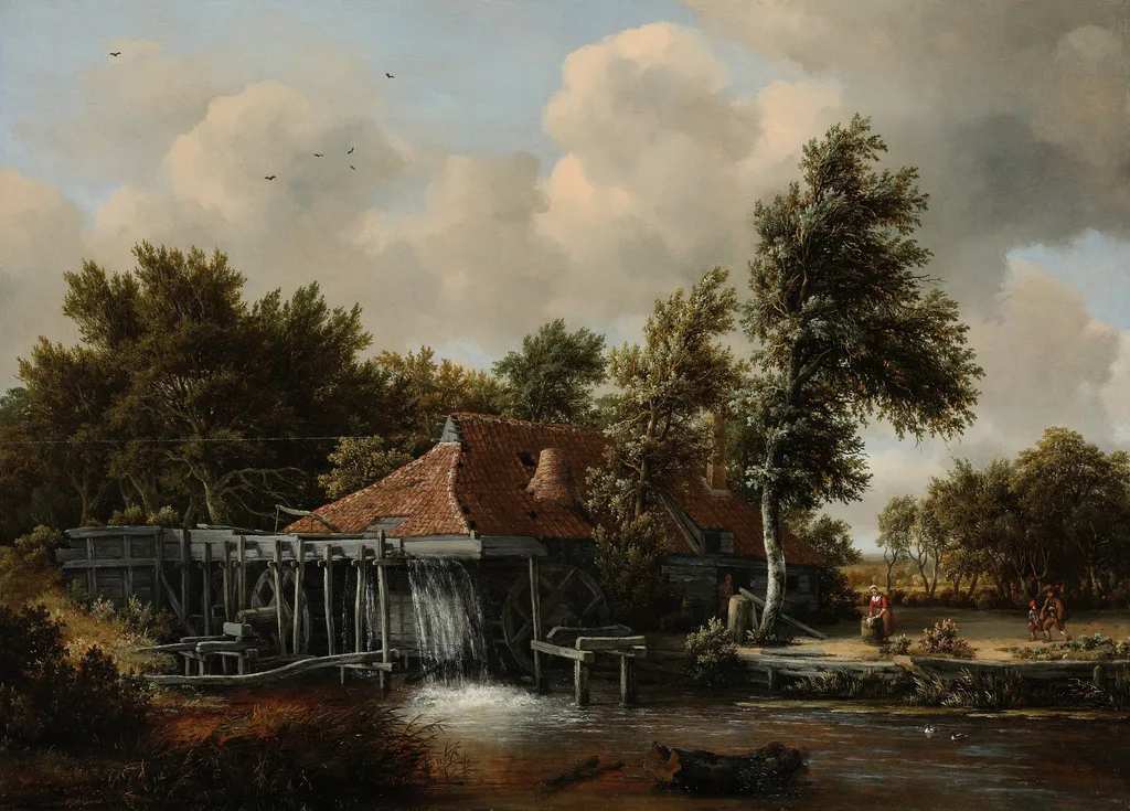 A Watermill, by Meindert Hobbema, oil, 1664