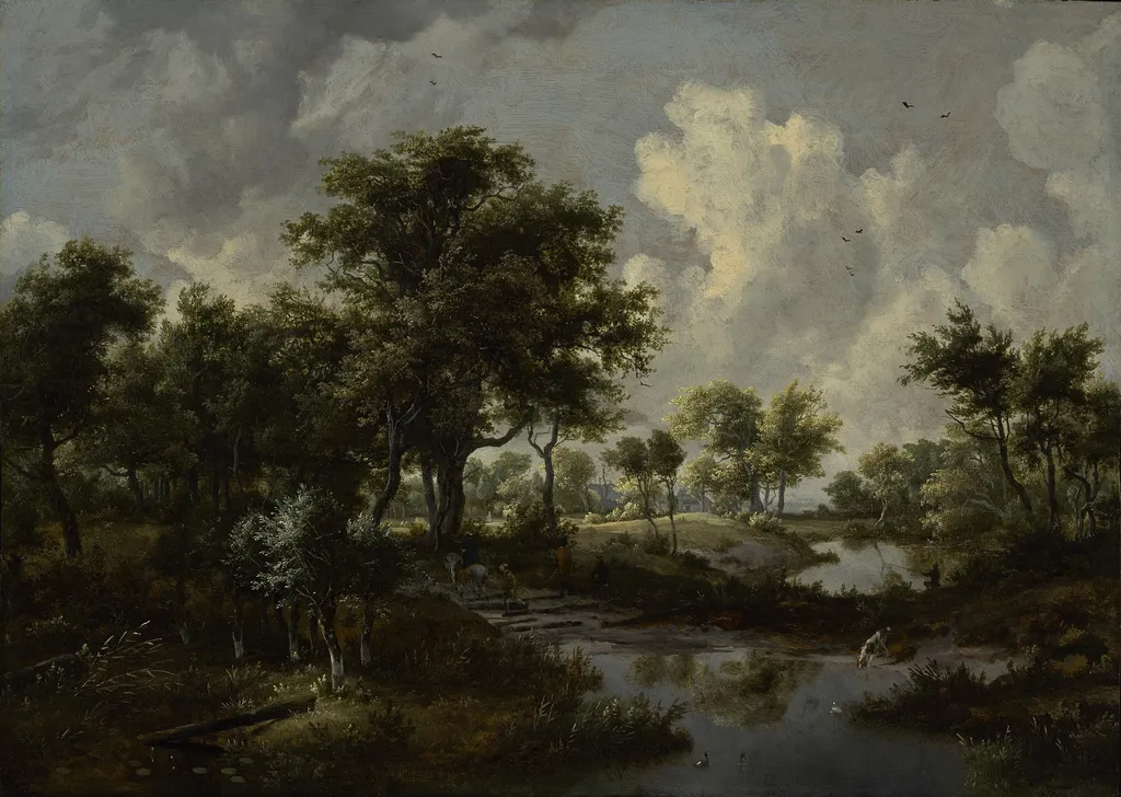 A Wooded Landscape, by Meindert Hobbema, oil, 1667