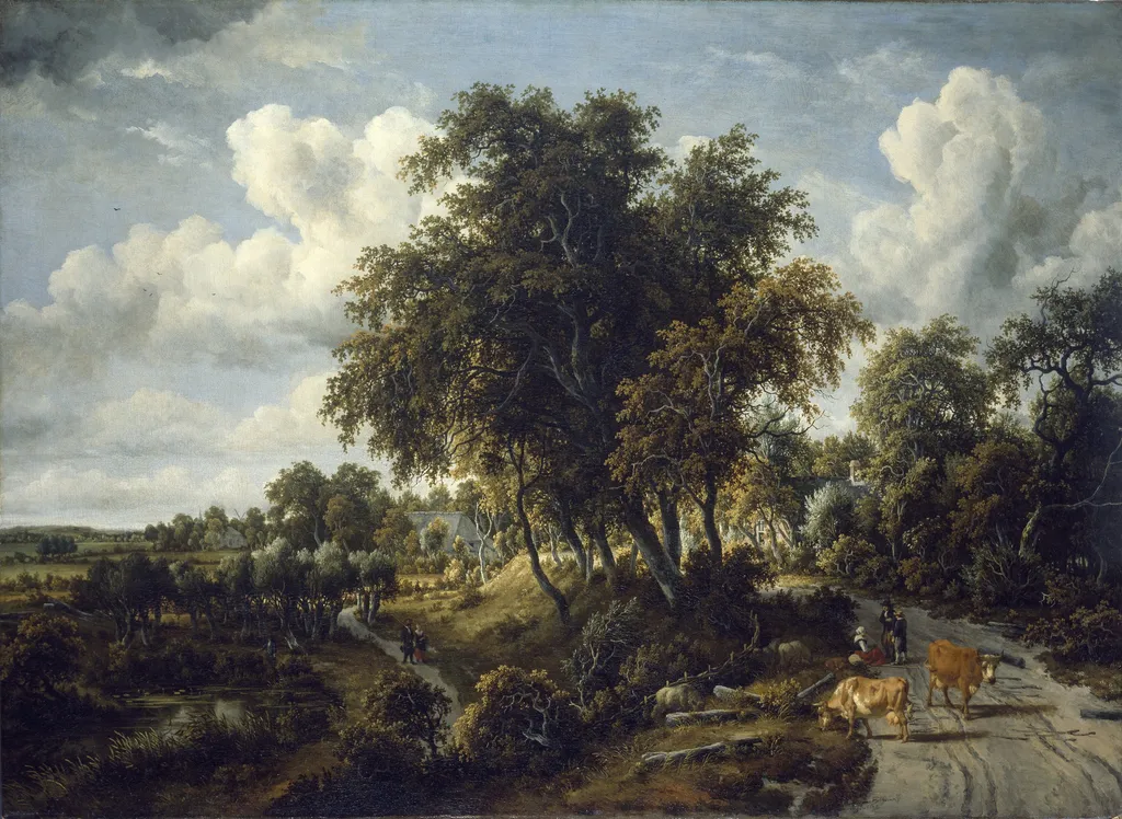 A Wooded Landscape: the Path on the Dyke, by Meindert Hobbema, oil, 1663