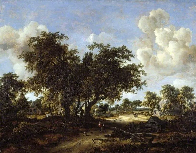A wooded landscape with cottages, by Meindert Hobbema, oil, 1665