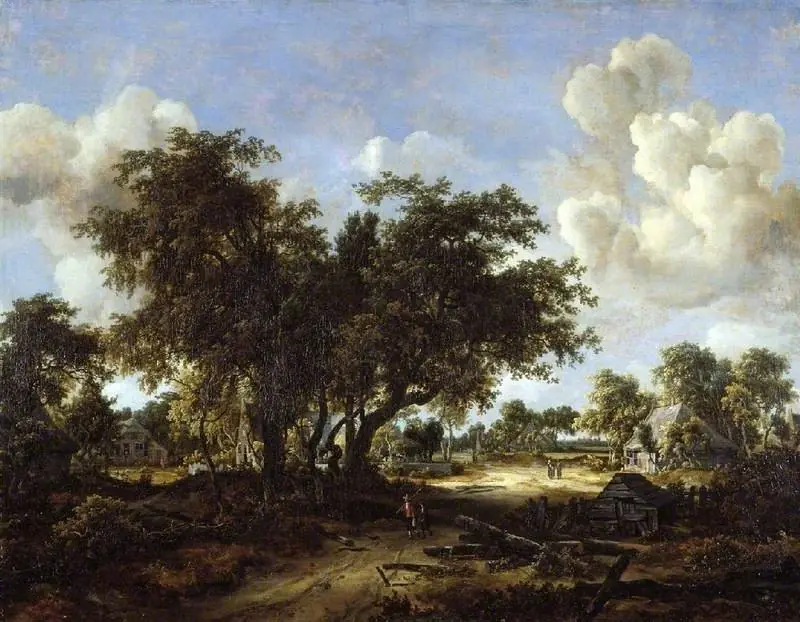 A wooded landscape with cottages, by Meindert Hobbema