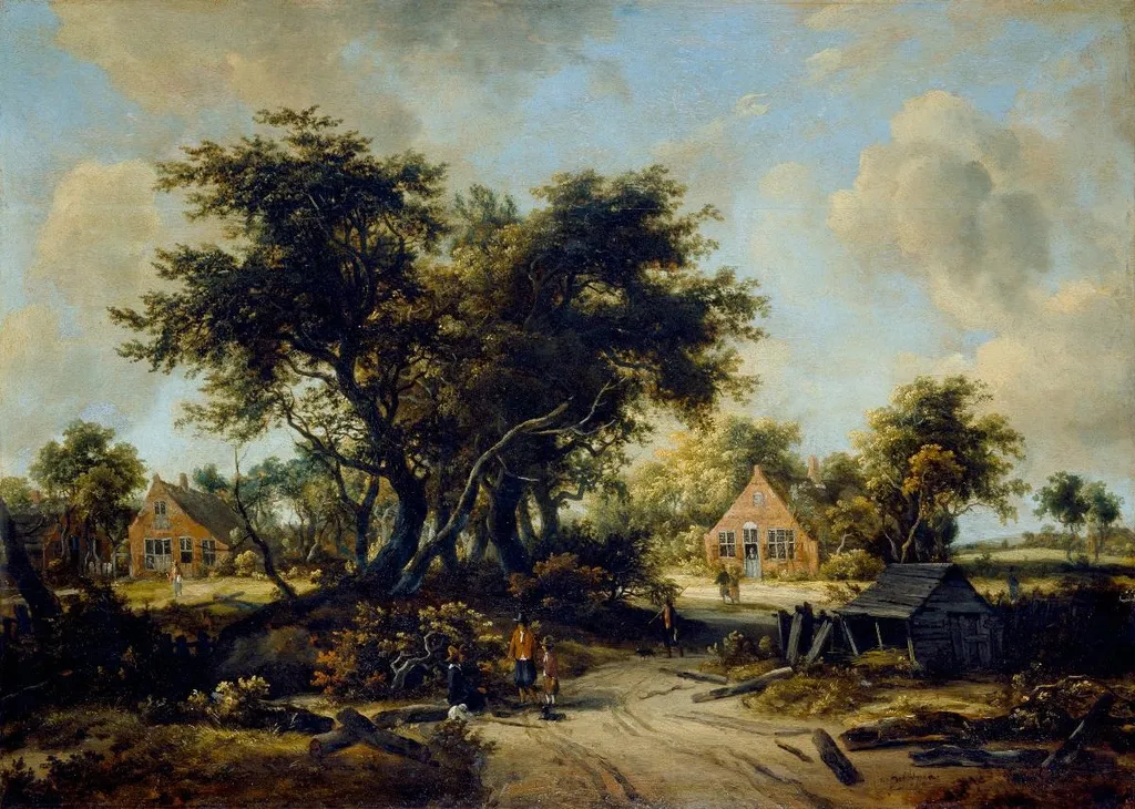 Bauernhäuser unter Bäumen, by Meindert Hobbema, oil, 1665