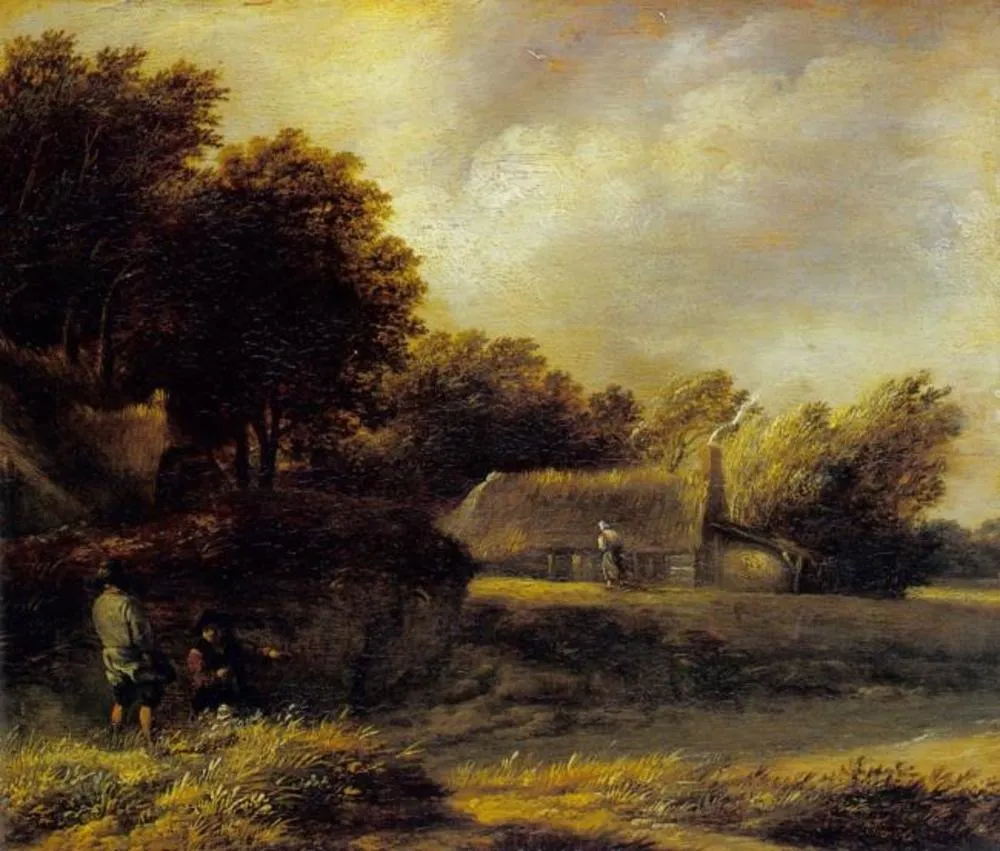 Fishermen's cottages in the dunes, by Meindert Hobbema, oil, 1690