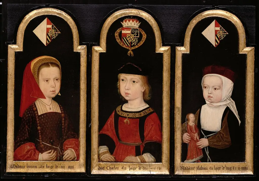 Kaiser Karl V. (1500-1558), Brustbild als Zweijähriger zusammen mit seinen Schwestern Eleonore (1498-1558) und Isabella (1501-1525), by Meister der Georgsgilde in Mecheln