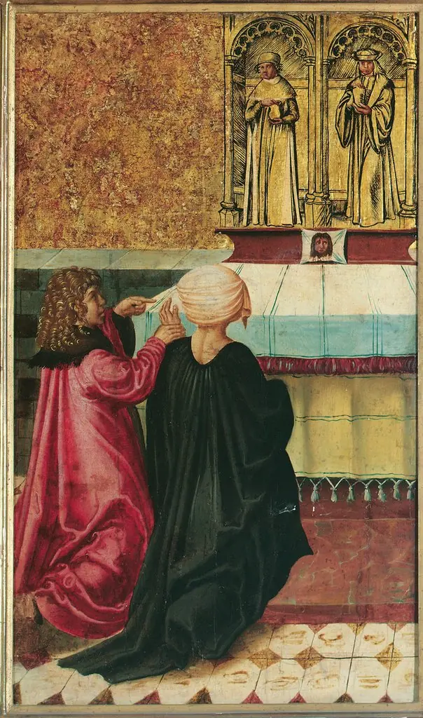 A Man Commands his Wife to St Cosmas and Damian, by Meister der Legendenszenen