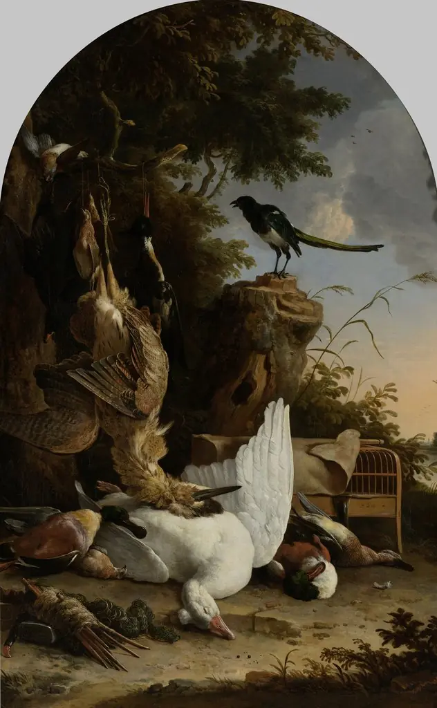 A Hunter’s Bag near a Tree Stump with a Magpie, Known as ‘The Contemplative Magpie’, by Melchior d' Hondecoeter