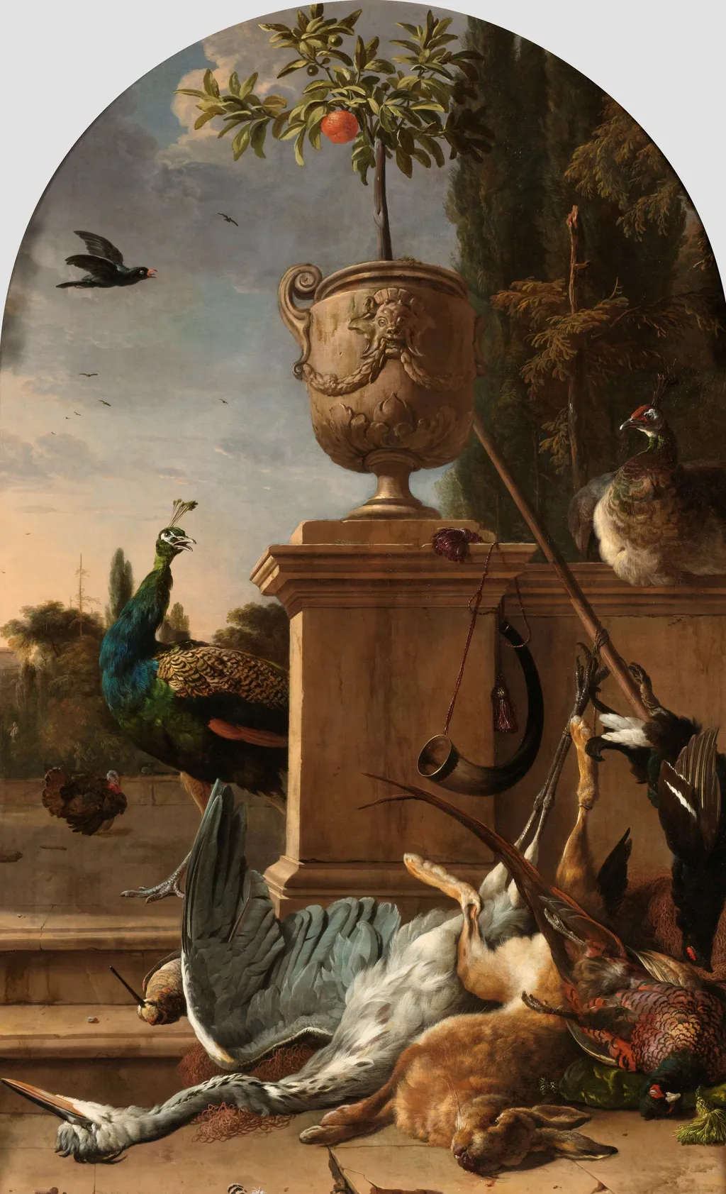 A Hunter’s Bag on a Terrace, by Melchior d' Hondecoeter, oil, 1690
