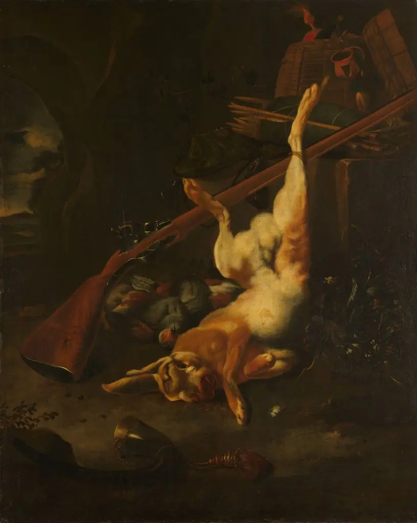 A hunter's bag with dead hare, by Melchior d' Hondecoeter